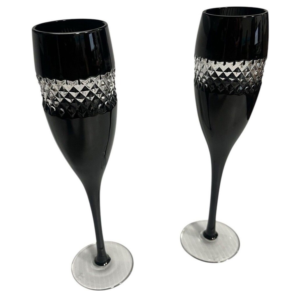 Waterford John Rocha Crystal Black Champagne Flutes, No Box Or Tags